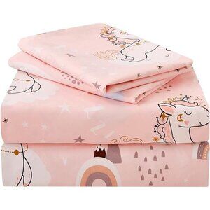 Pink Unicorn Kids Sheet Set Twin Size, 3 Piece Girls Rainbow Printed